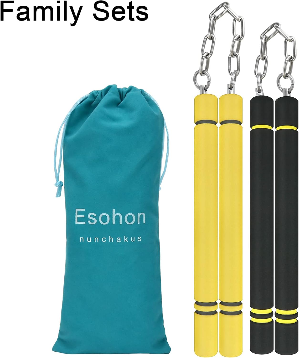 Esohon Nunchucks Safe Foam Rubber Training Nunchucks with Steel Chain for Kids Beginners Ninja Family Suit 2 Pack (Black + Yellow) : Sports & Outdoors