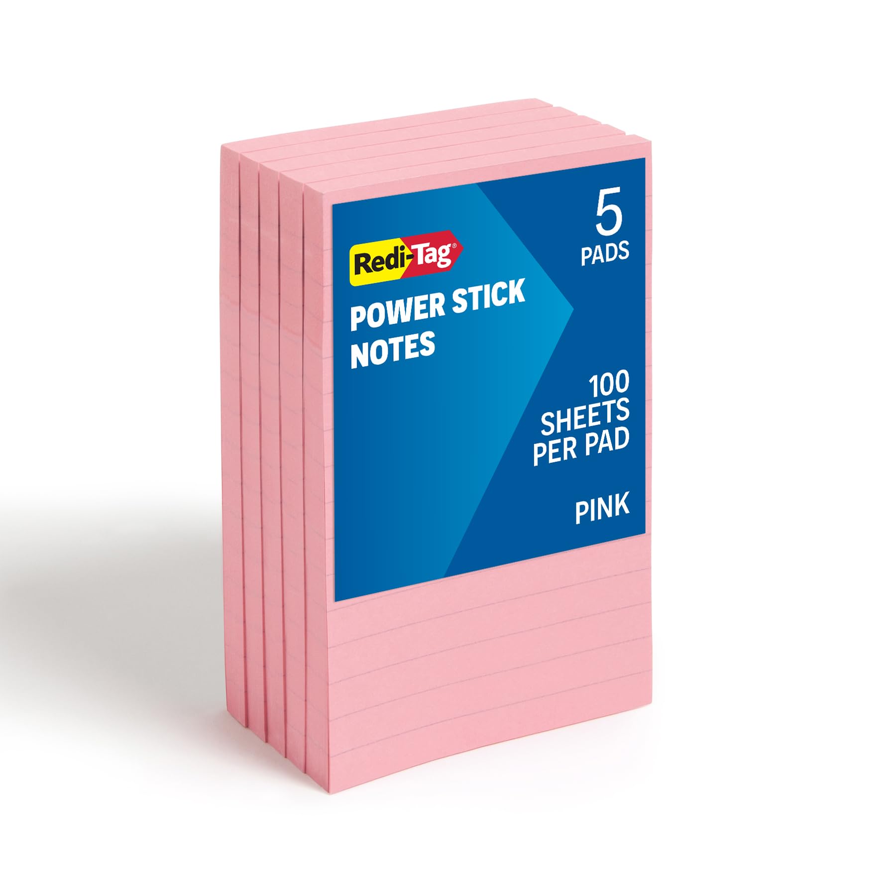 Redi-Tag Sticky Notes,4 x 6 inch, Ruled Power Stick Notes, Pink, 5 Pack, Super Strong Adhesive, Recyclable Paper Memo Pads for Office, School, and Home, 100 Sheets per Pad, 500 Sheets Total