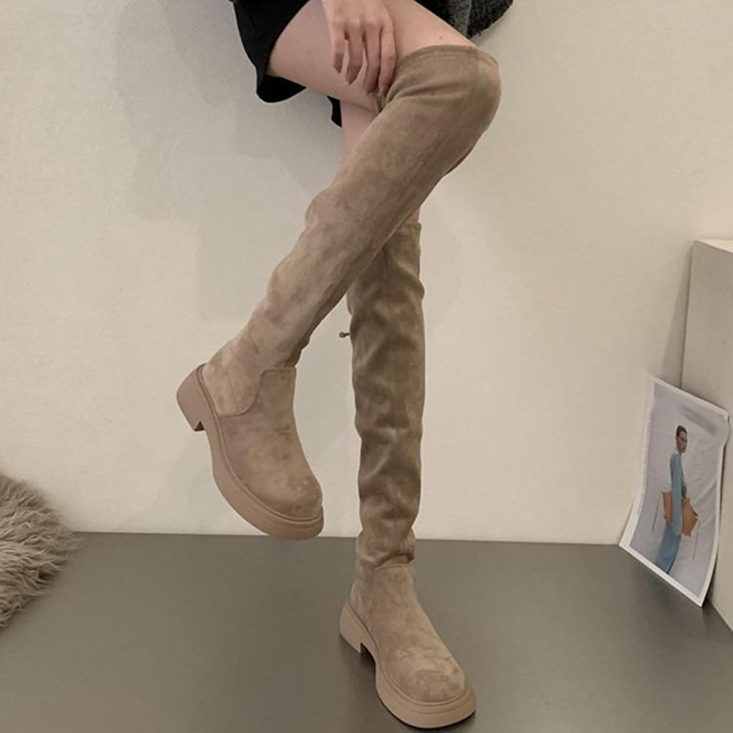 [GUREITOJP] ロングブーツ レディース オーバーニーハイブーツ スエード ラウンドトゥ ローヒール3cm セクシー 撥水