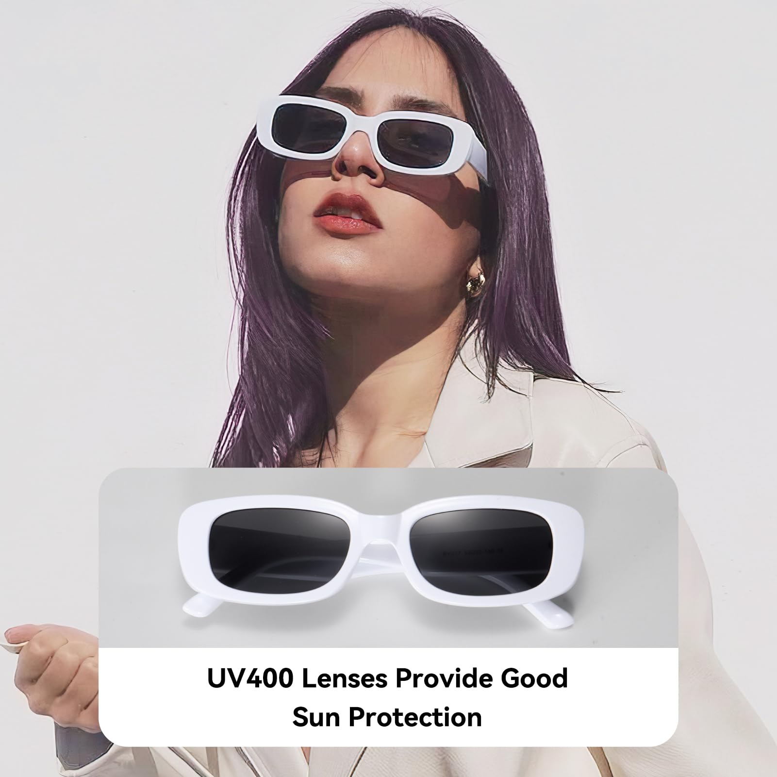 Dollger Rectangle Sunglasses for Women Men Trendy Retro Fashion Sunglasses UV 400 Protection Square Fram: White