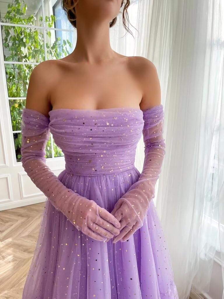 Zepumen Sparkly Starry Tulle Prom Dress A Line Long Gloves Formal Evening Party Gown - Image 5