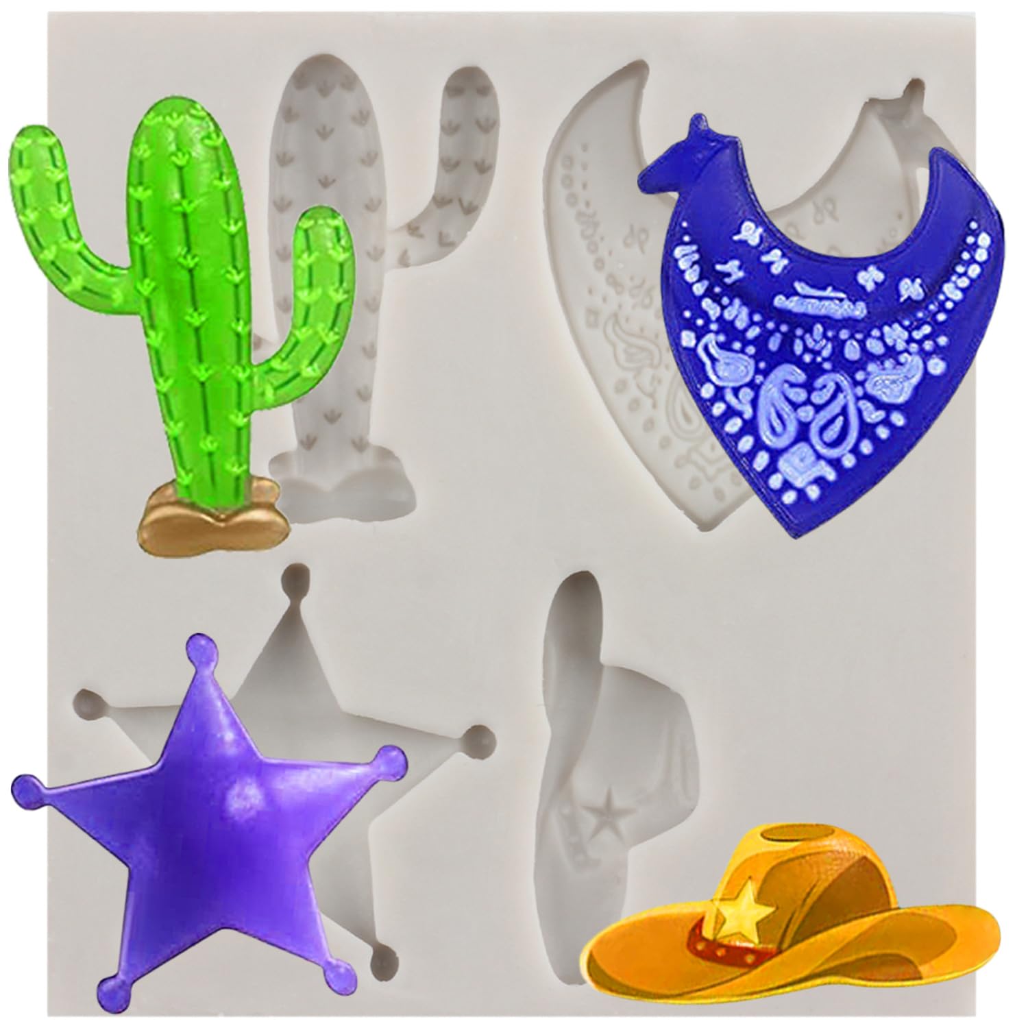 MINFEIDMS Western Cowboy Theme Silicone Moulds Cowboy Hat Fondant Mould Badge Cactus Cacti Candy Mould for Sugar Cake Decorating Cupcake Topper Chocolate Gum Paste Polymer Clay