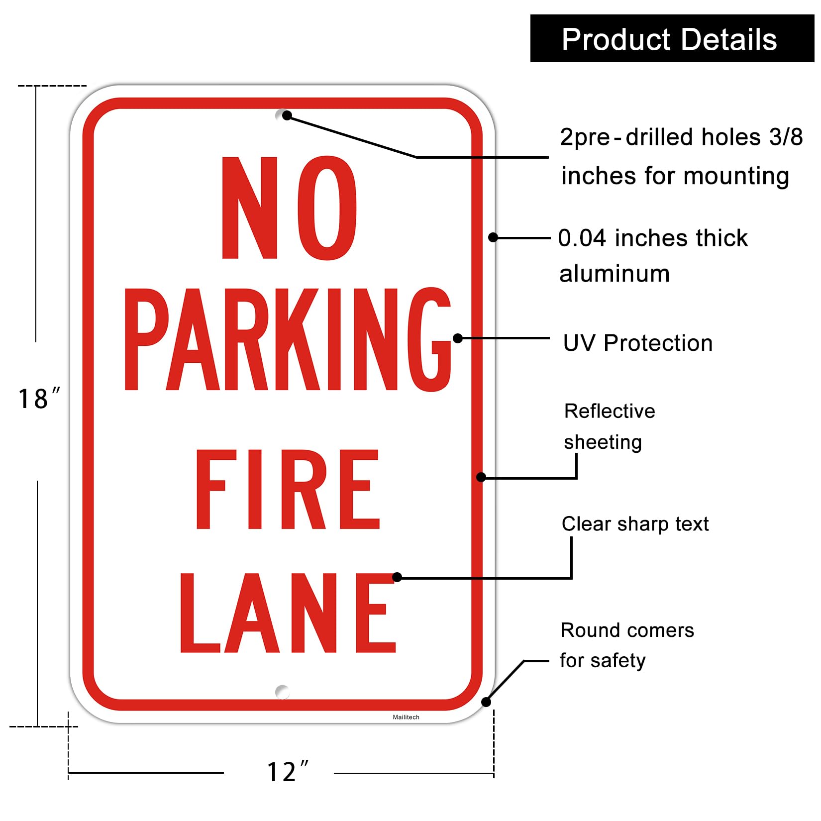 Letrero grande (4 unidades) con texto en inglés "No Parking", letrero de carril de fuego, 30,5 x 45,7 cm, aluminio reflectante de grado de ingeniero, resistente a la decoloración, 2 agujeros