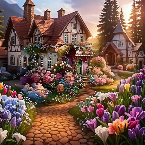Kit Completo de Diamond Painting 5D para Adultos y Niños, Pintura de Diamantes con Paisaje de Casas y Flores, Arte DIY para Decoración del Hogar, Juego completo de pintura de diamantes 30x30 cm