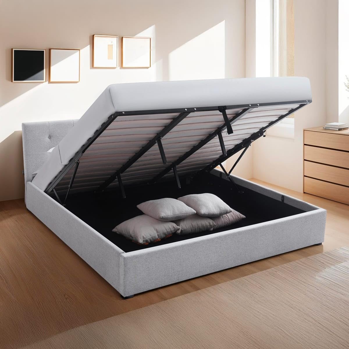 HOMIFAB Ensemble Lit Coffre Adulte 180x200cm avec tête de lit en Tissu Gris - Tina + Matelas Ressorts ensachés - Spring Elite