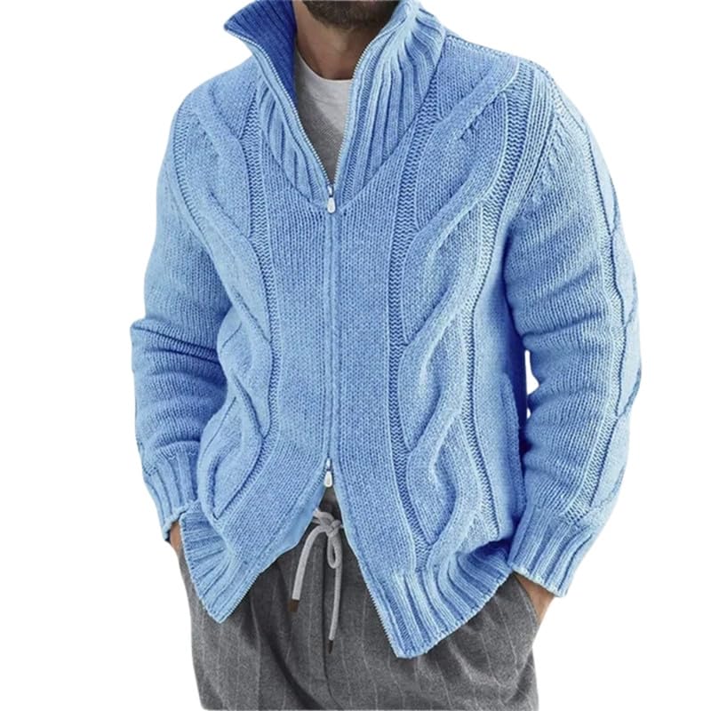 Men's Cable Knit Cardigan Sweater with Button Closure and Pockets for Autumn and Winter | Sky Blue | 3XL-image-16