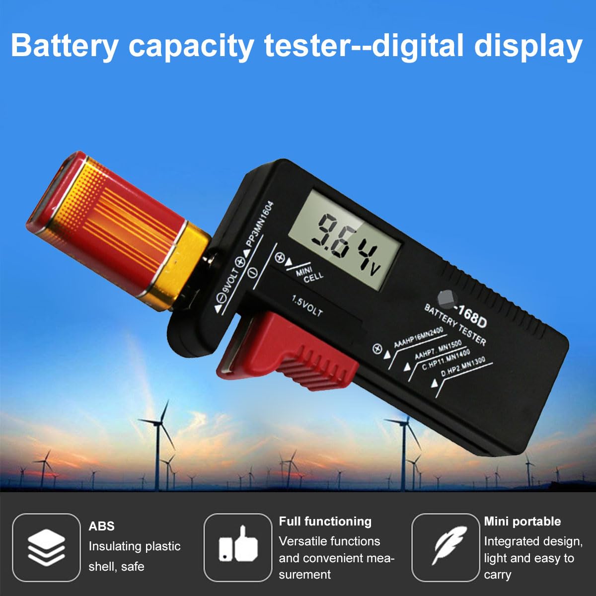 Probador De Pilas Digital LCD - Para AA, AAA, C, D, 9V Y Pilas Botón, Fácil De Usar, Sin Baterías