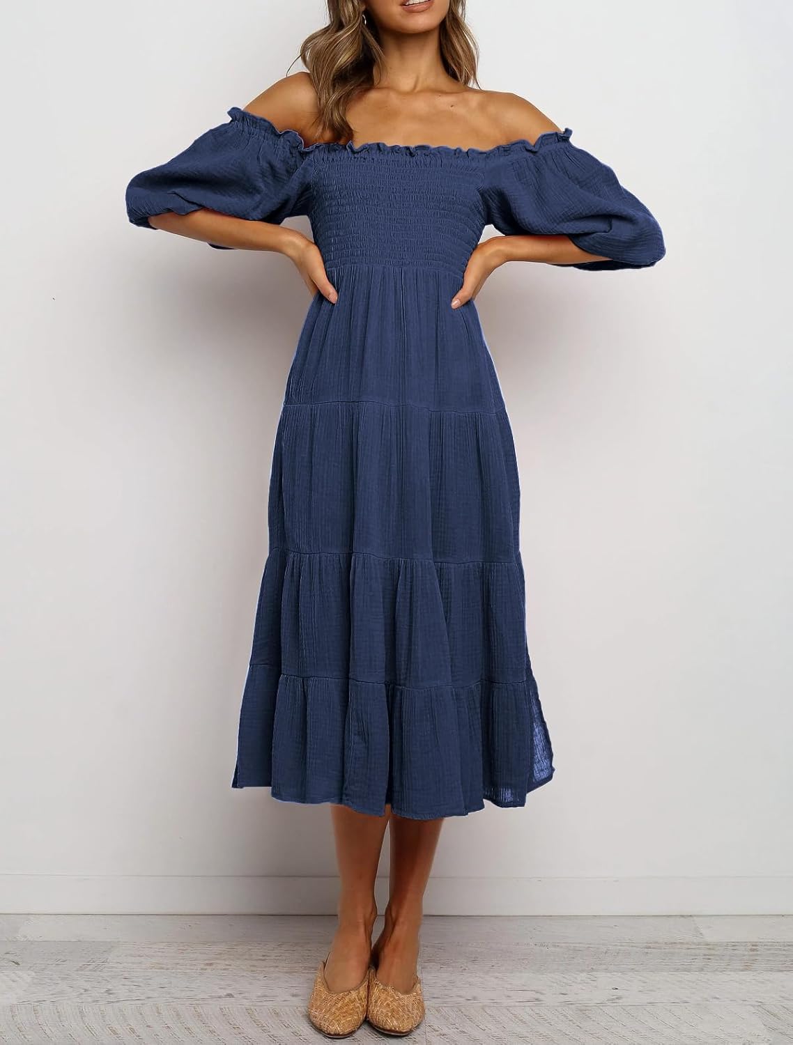 R.Vivimos Women's Summer Cotton Lantern Sleeves Ruffled Off Shoulder A-Line Midi Dresses - Image 5