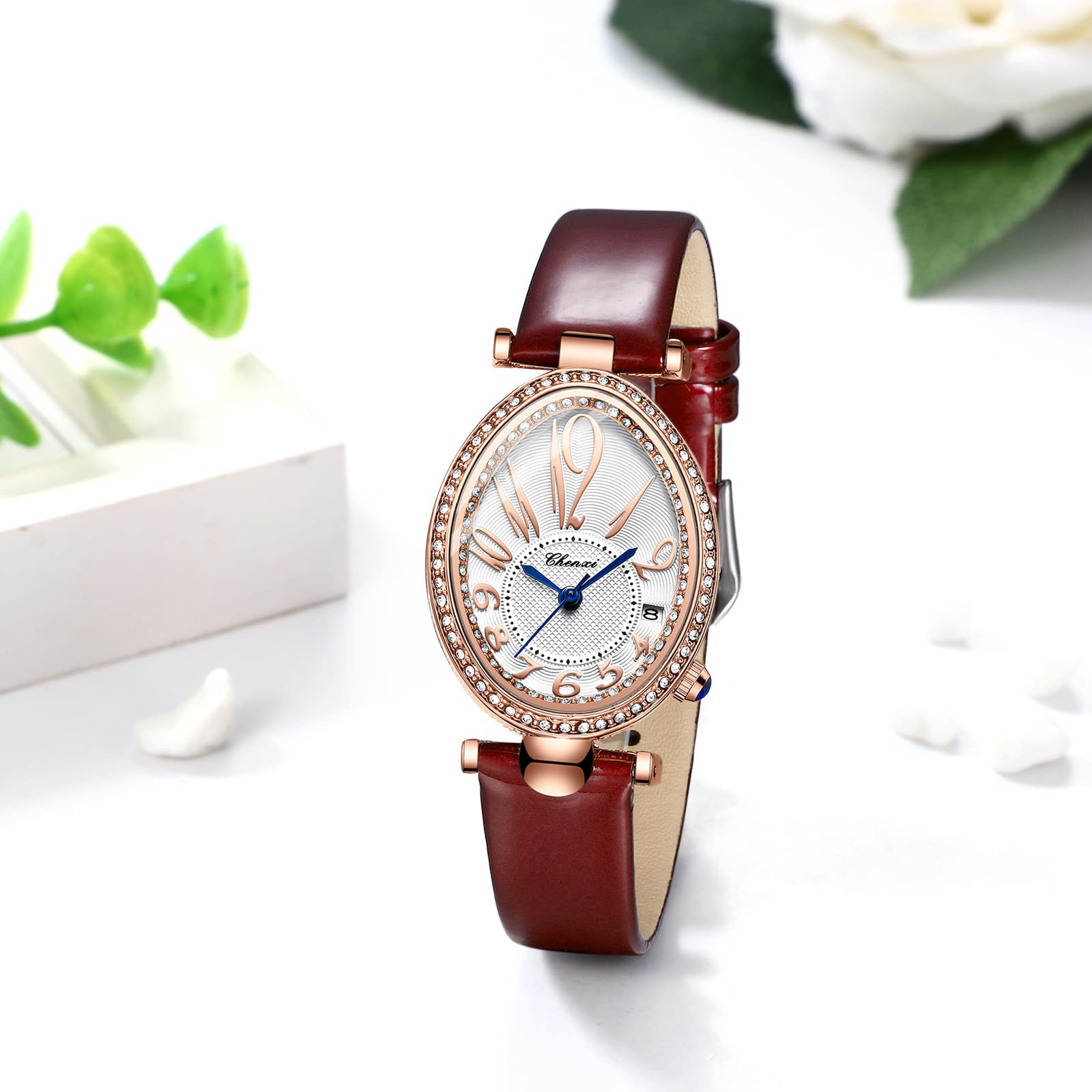 JewelryWe Uhren Damen Analog Quarz Datum Kalender 30m Wasserdicht Armbanduhr Elegant Strass Oval/Schlangenkopf Form Beiläufige Uhr mit Echtleder Leder Armband, 4 Farben