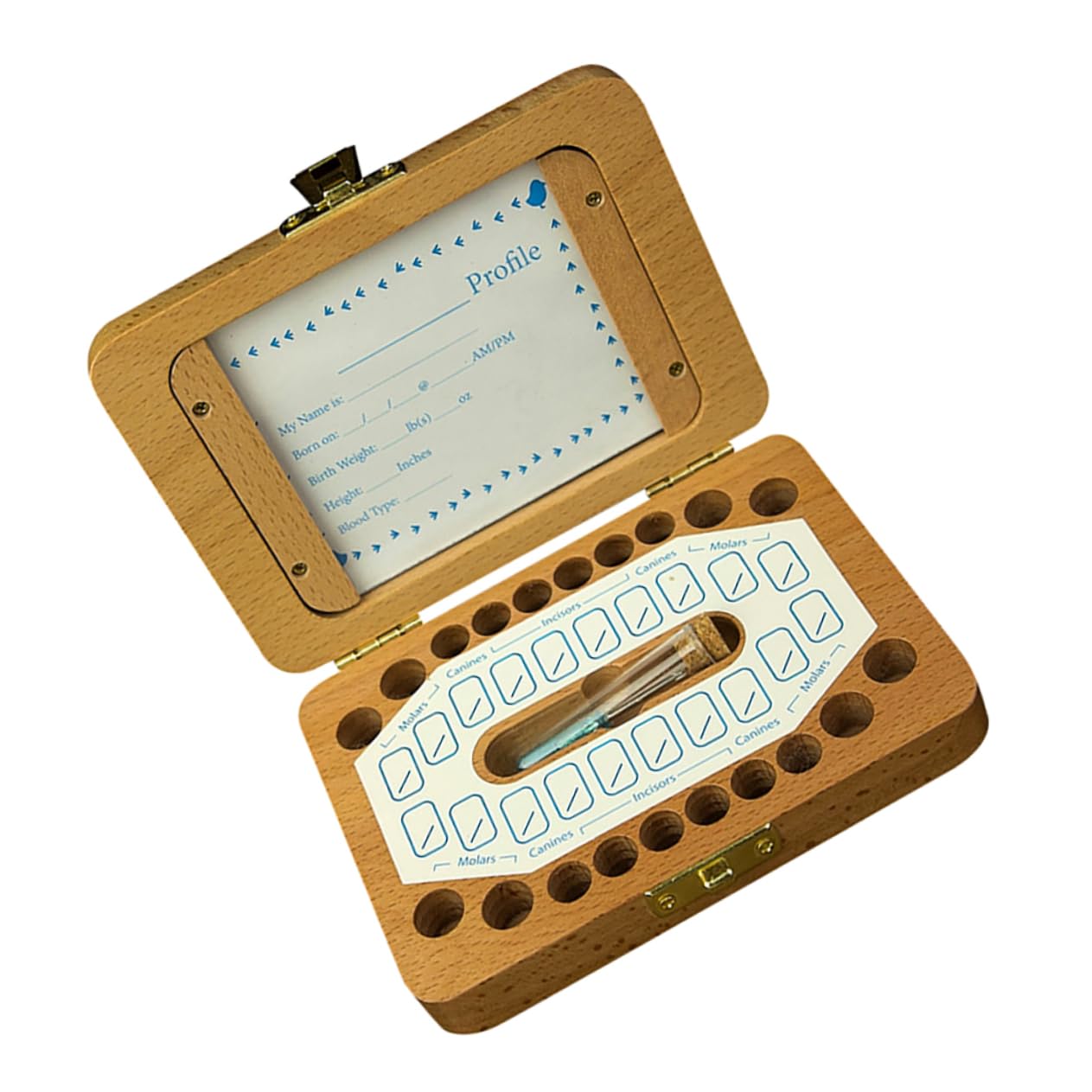 Caja para Dientes de Leche de Madera 1 Juego para Bebés | Incluye Stickers, Guarda Fotos de Ñiño y Datos de Nacimiento, Espacio para Pelo Fetal, Formato Infantil