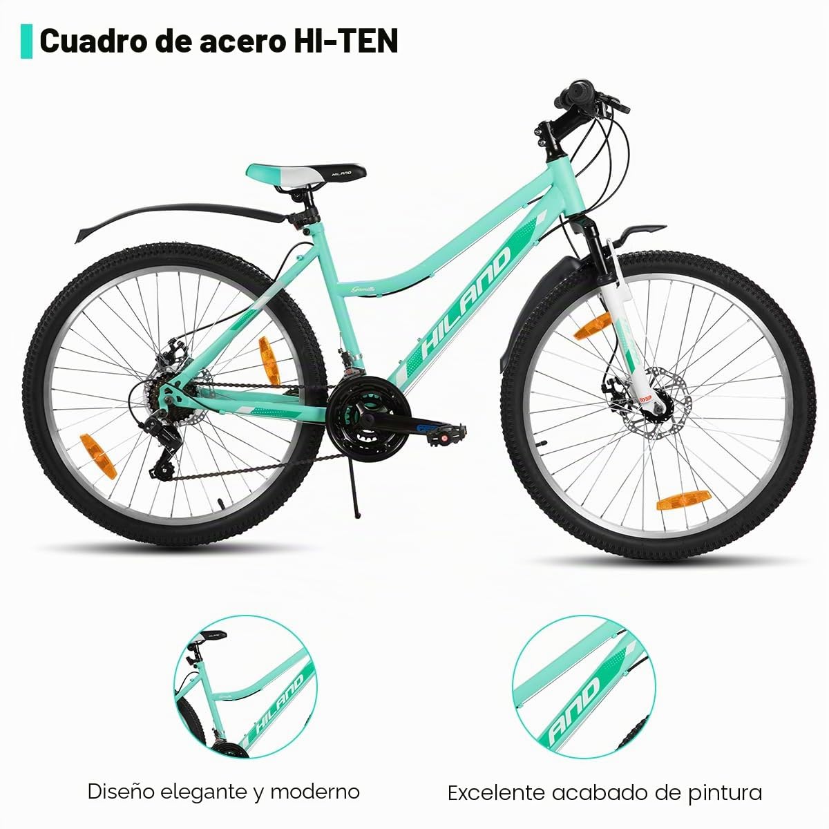 HILAND Bicicleta de Montaña para Mujer 26”, 18 Velocidades, MTB con Cuadro Bajo (Step-Through) y Horquilla con Suspensión, Bicicleta para Adultos Hombre y Mujer, Verde/Rosa