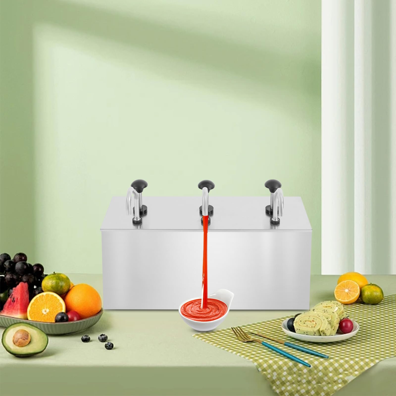 Dispenser per salse in acciaio inox, 3 x 4 l, per ristorante e cucina, con dispenser per pompe per ketchup Mayo senape, dosatore per ristorante e cucina, attrezzature igieniche a buffet