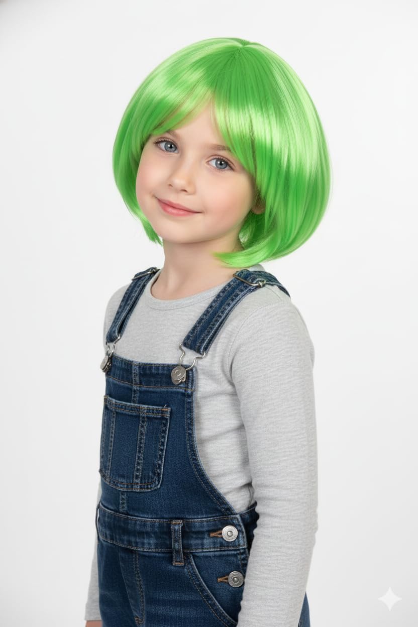 Kids Wig 12 Inch Short Straight Synthetic Hair Parrot Green Color Shiny Fancy Dress Wig for Children Easy Wear & Remove Soft Hair Wig with 20–22 Inch Adjustable Cap-image-22