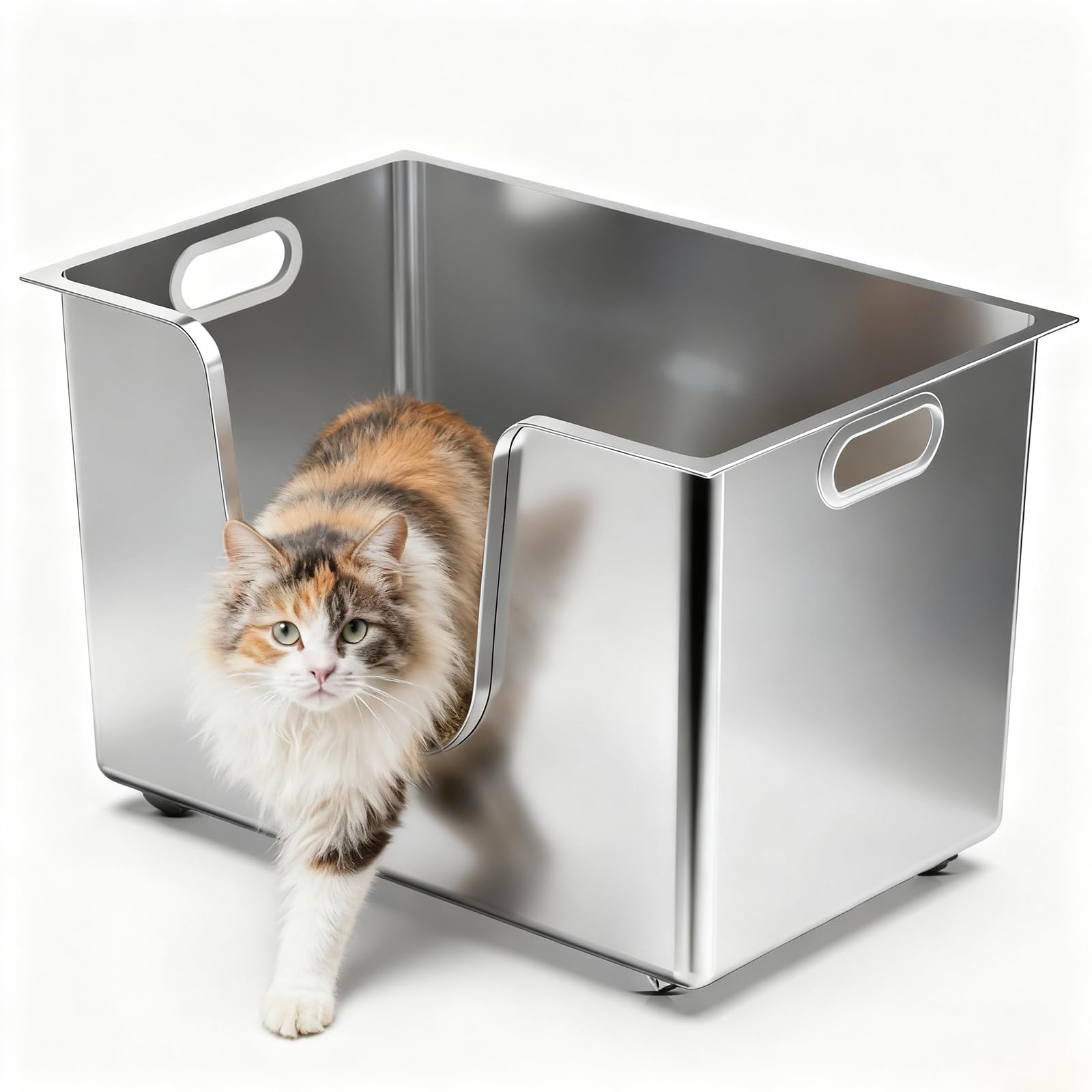 Stainless Steel Cat Litter Box with 13.8" High Sides, XL Metal Litter Box for Large & Multi Cats, One-Piece Kitten Litter Pan Pet Toilet with Wheels for Easy Moving, Easy to Clean, Anti-Leak