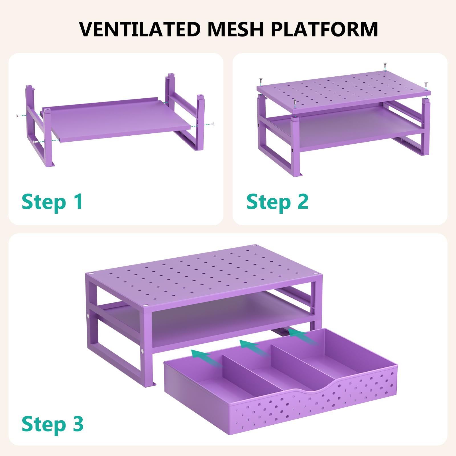 WALI Desk Organizer with Drawer，Computer Monitor Stand with Storage, Desk Organizers and Accessories for Computer, Printer, Laptop Riser for Home Office Supplies, (PTT005-V), 1 Pack, Purple view 9