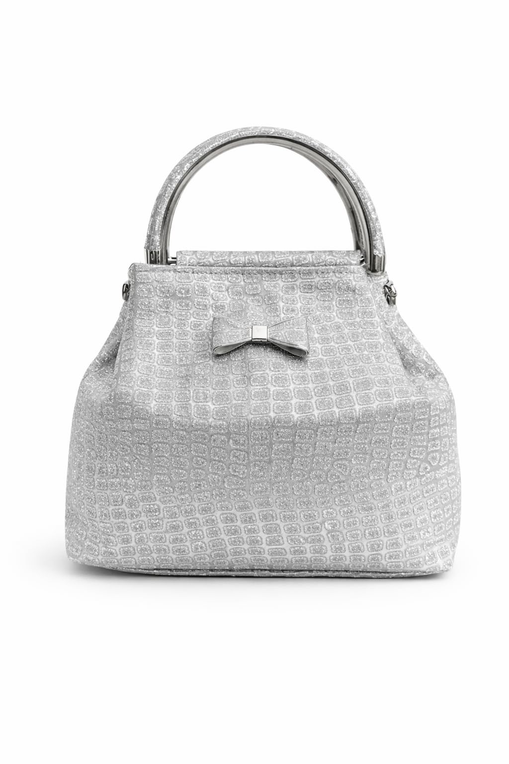 De Elmore Silver Glitter Evening Handbag - Sparkly Top Handle Wedding Purse with Bow Detail-image-48