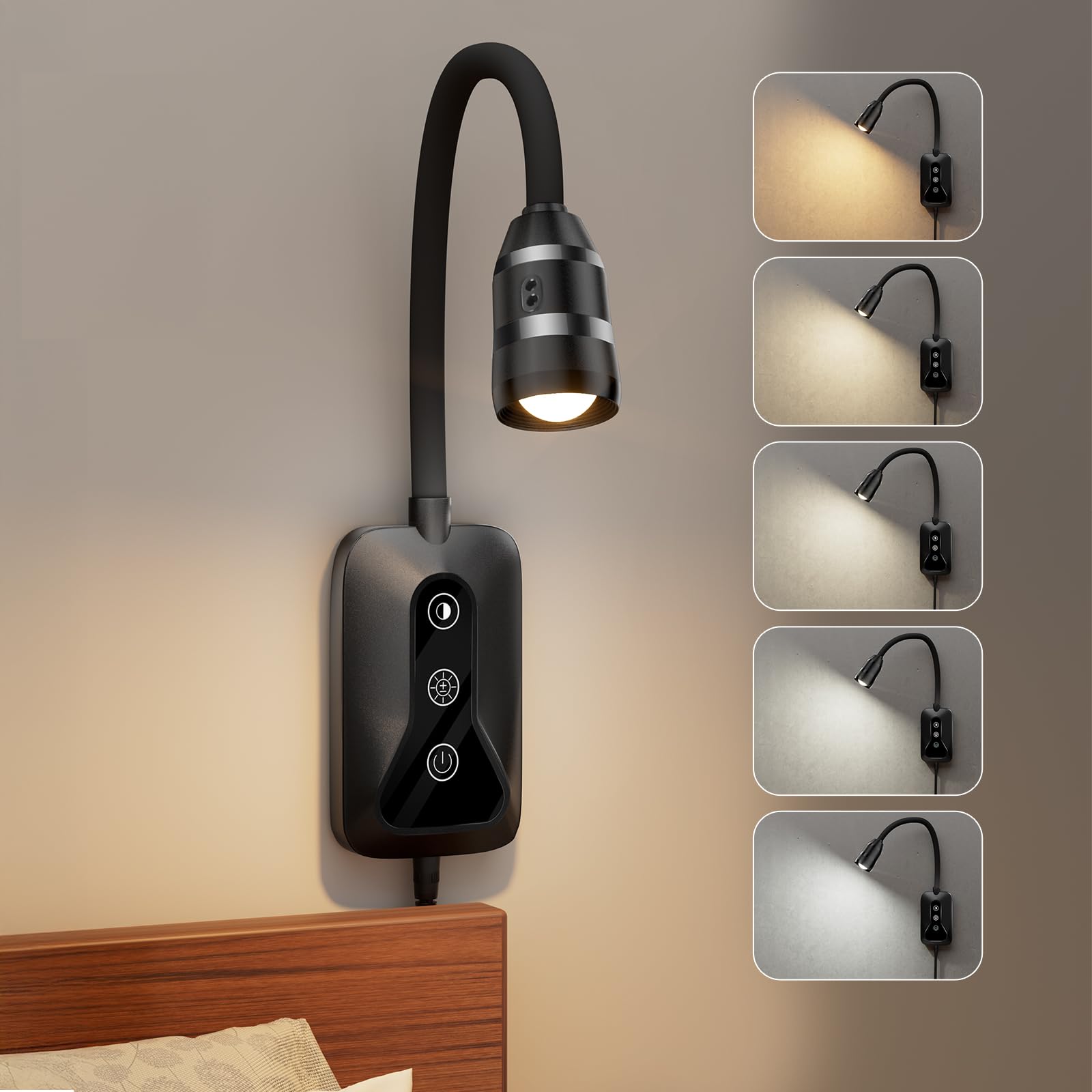 HUAEU Wall Mounted LED Reading Light for Bed Headboard - 5 Color & Brightness Levels Dimmable Book Light with Touch/Wave Control, USB Output & 360° Gooseneck - Night Reading Lamp for Books in Bed