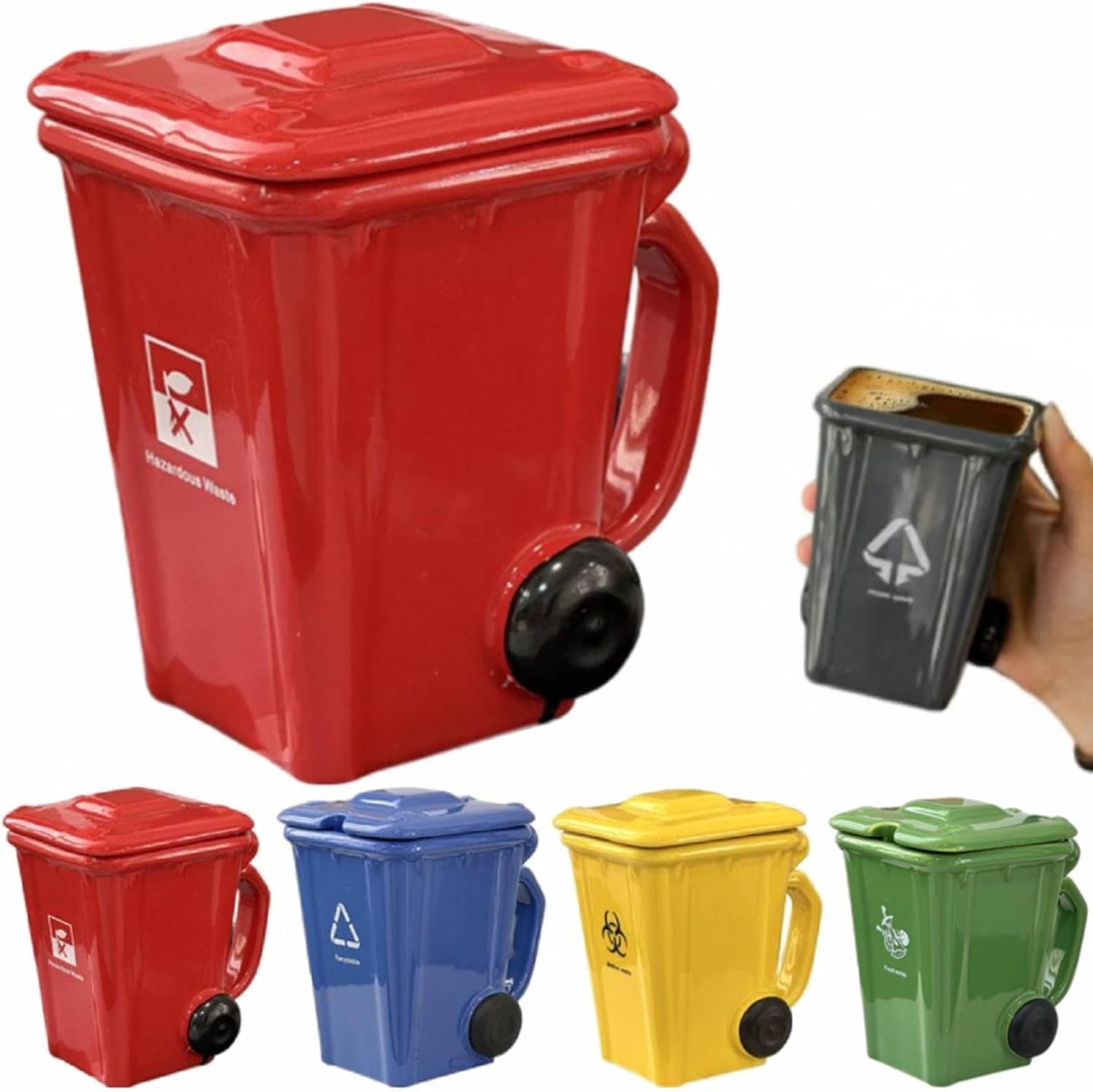 Wheelie Bin-Themed Funny Mugs, 400mL Trash Can Shaped Ceramic Coffee Cup with Complimentary Spoon, 5 Colors, Design-Led Personalised Mug - Novelty Gifts for Home & Office (Red)