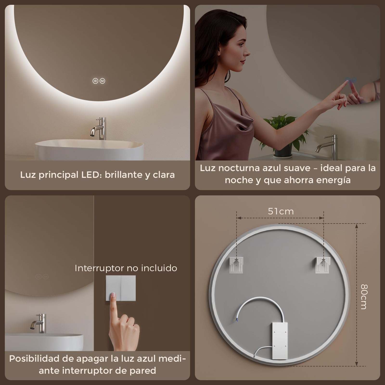 S'AFIELINA Specchio da bagno con illuminazione rotondo, 80cm, specchio LED con interruttore touch, specchio da bagno rotondo con 3 temperature di colore (caldo, neutro, freddo), dimmerabile