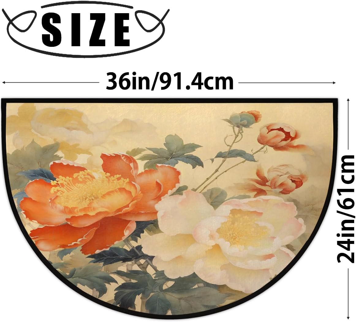 Half Round Door Mat Flowers Retro Beautiful Half Moon Rug Washable Half Circle Area Rugs Indoor Entrance Non Slip Semi Circle Bathroom Rugs Floor Carpet for Kithen Bedroom Fireplace Decor