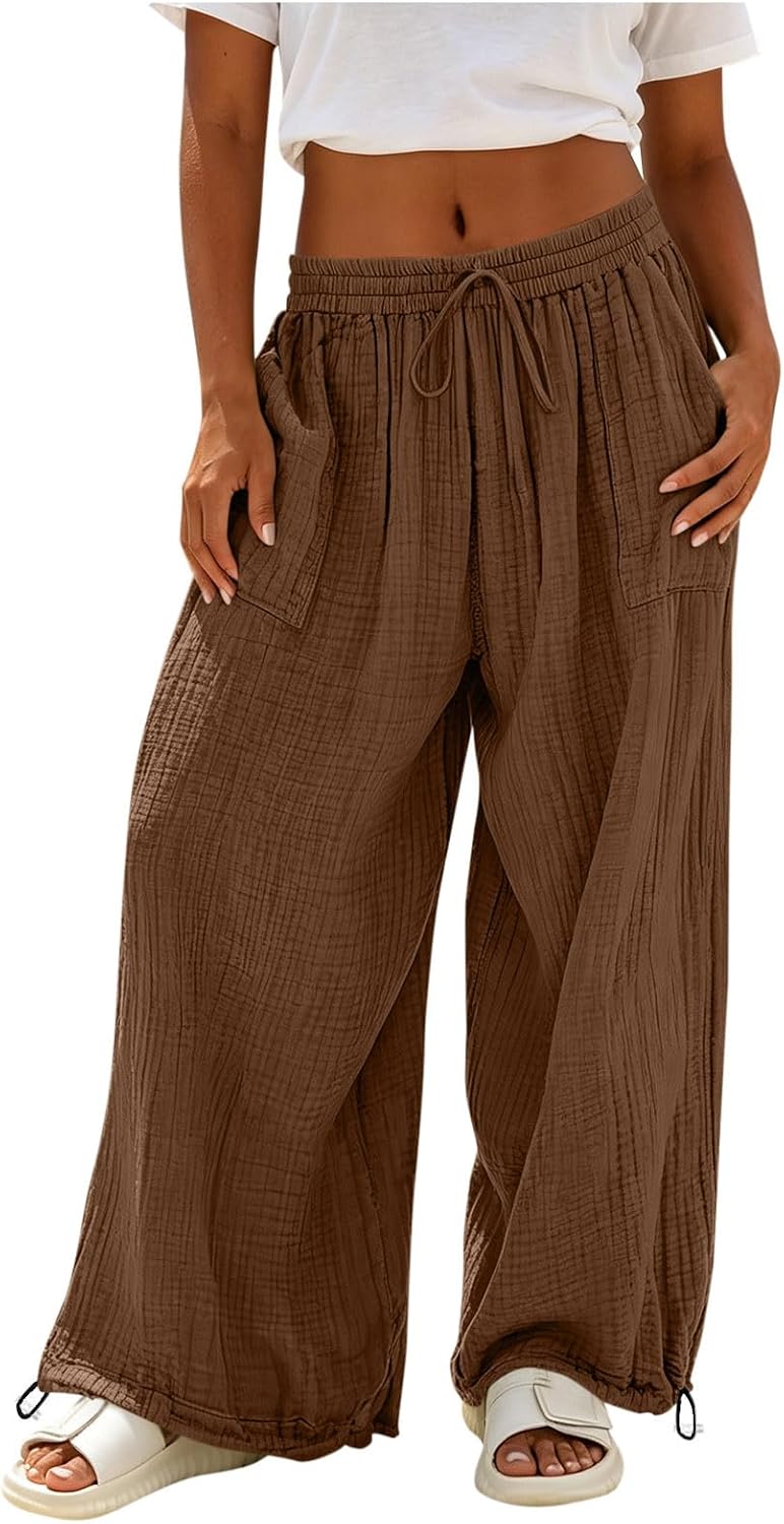 Wide Leg Cotton Linen Pants for Women Casual Drawstring Palazzo Pant Summer Vacation Beach Flowy Trousers with Pocket