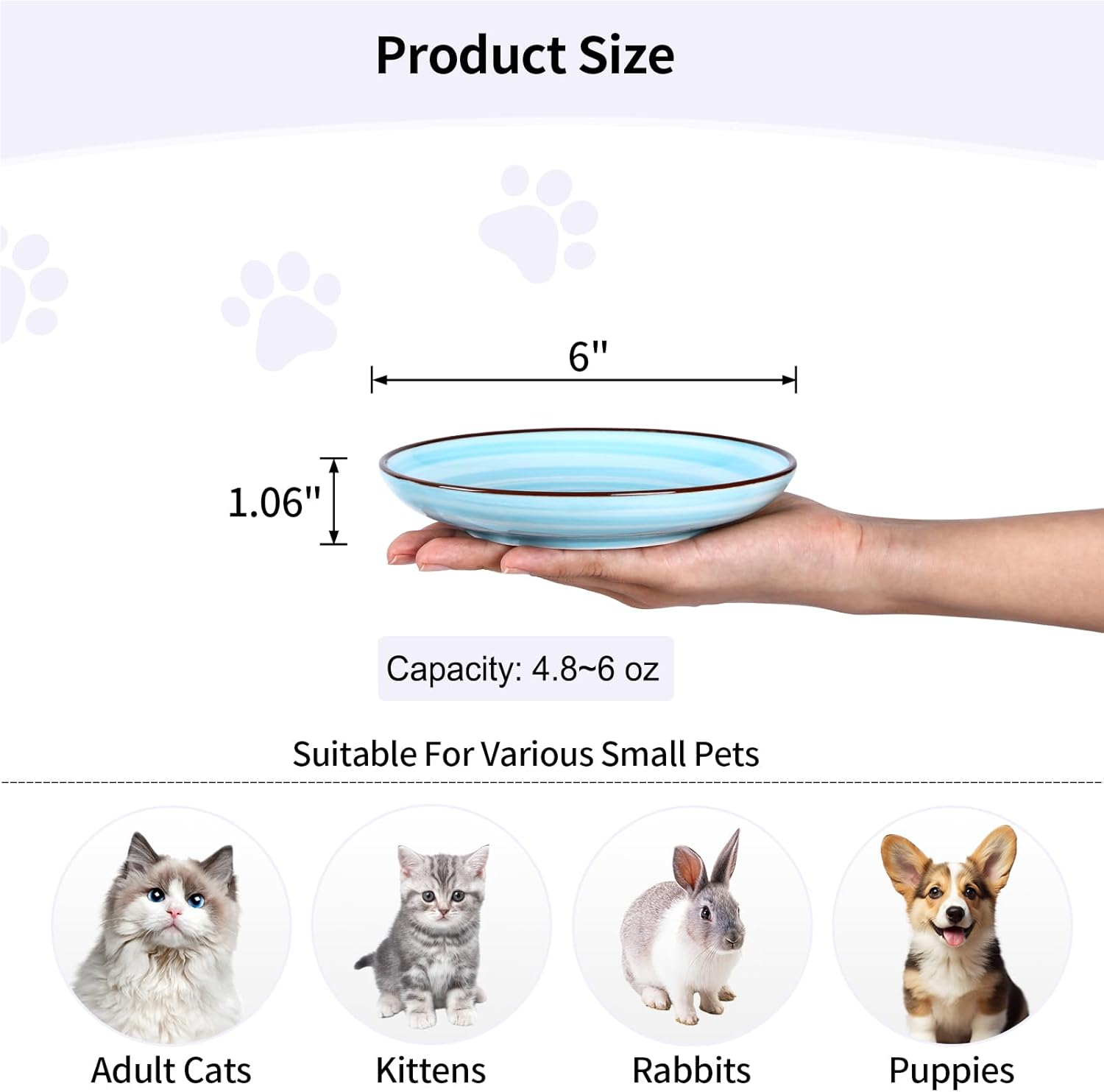 Selamica Ceramic Cat Bowls, 6 Inch Cat Food Bowl Whisker Friendly, Shallow Wide Kitten Plates for Food and Water, Set of 4, Gradient Blue