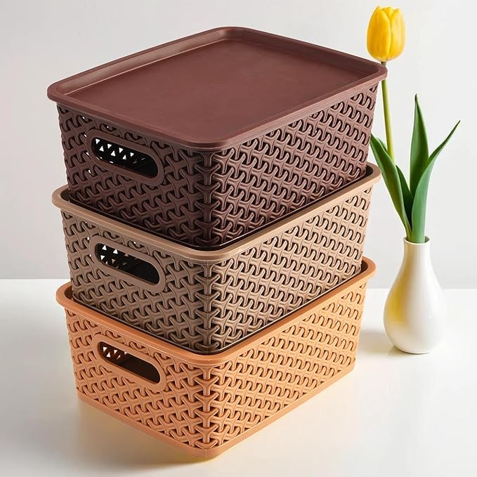 Set Of 3 Plastic Storage Organizers/baskets With Lid For Kitchen, Clothes, Multipurpose Vegetables, Toys, Books, Office, Stationery, Wardrobe(Small)-image-48