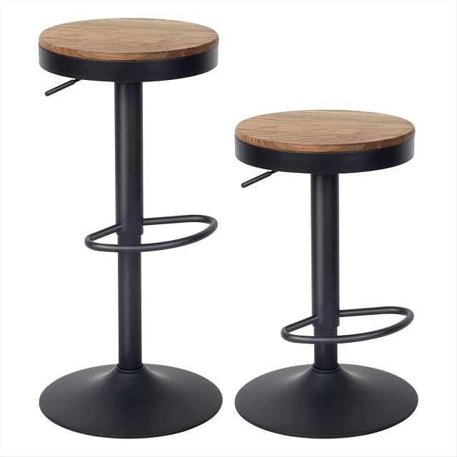 YOUNIKE Wooden Bar Stools Set of 2 Adjustable Counter Height Stools Round Breakfast Bar Stool Vintage Bar Chairs Rustic Swivel Bar Stool for Home Kitchen, Loads Up to 300LBS (Black)