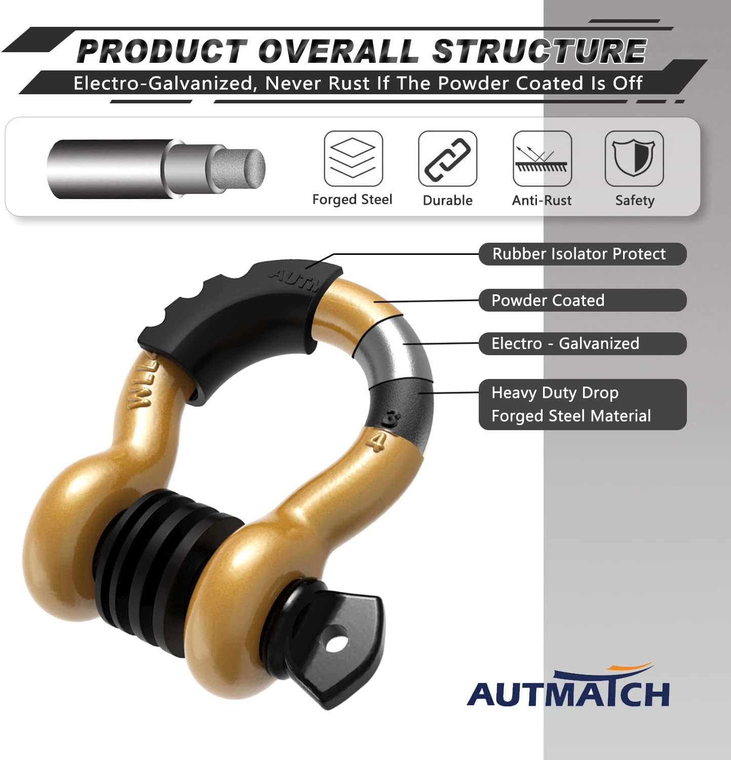 AUTMATCH Shackle Hitch Receiver 2 Inch - 3/4" D Ring Shackle with 5/8" Trailer Hitch Lock Pin, 45,000 Lbs Break Strength Heavy Duty Receiver Towing Kit for Off-Road Vehicle Recovery, Gold