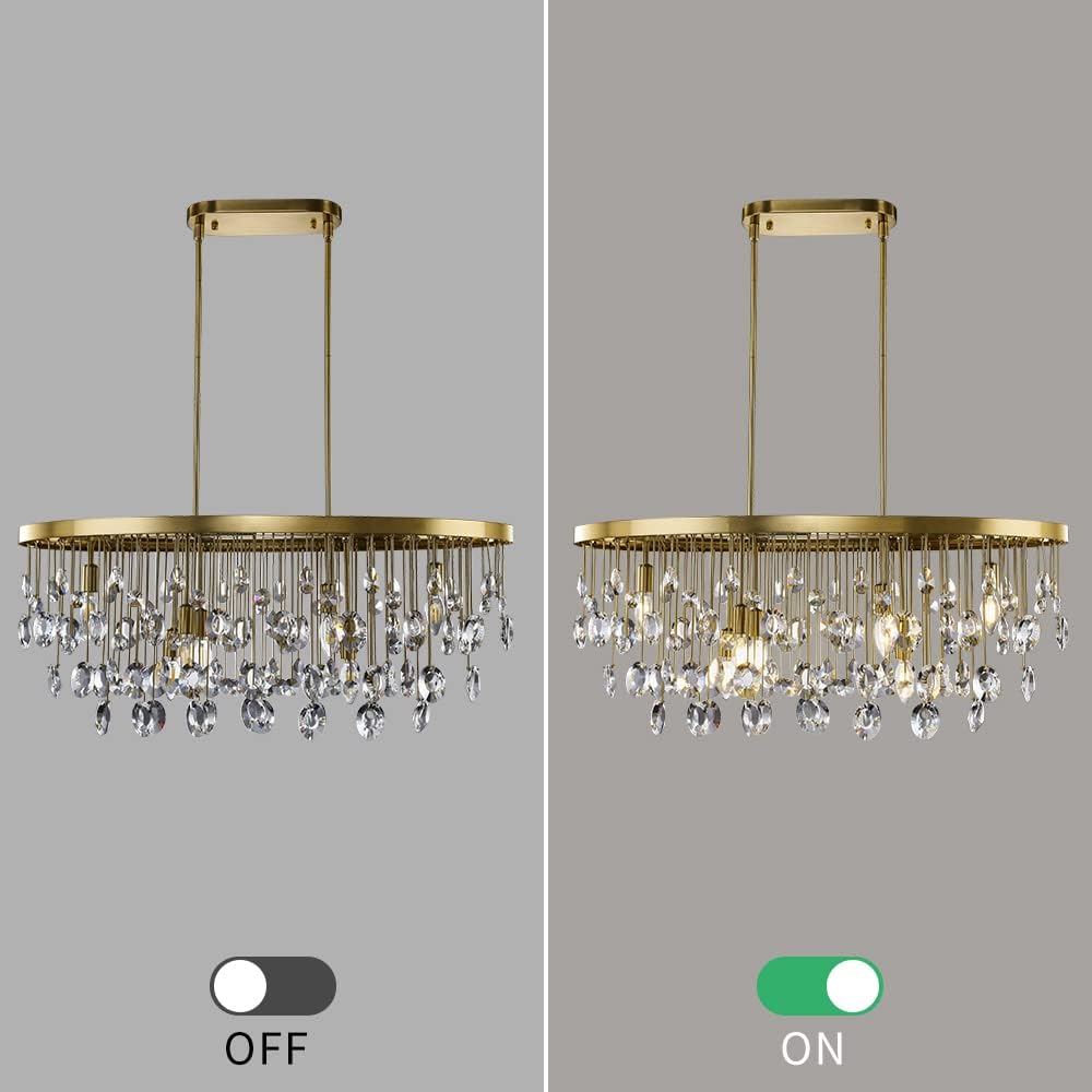 Modern Crystal Chandelier, 8-Light Oval Gold Chandelier, Luxury Raindrop Island Crystal Pendant Light Fixture for Dining Room, Living Room, Kitchen L36” x W14.9” x H14.9”, E12