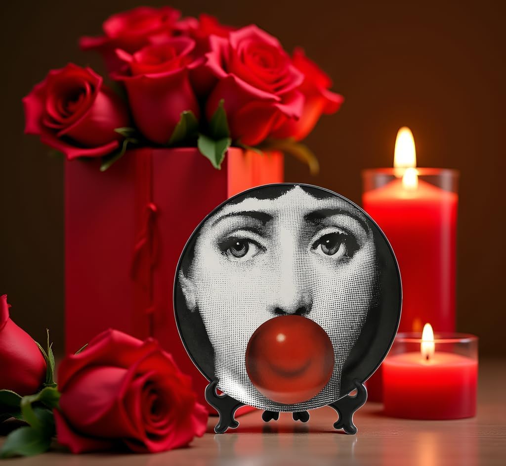 AlphaDesignLuxe 10" Italian-Style Decorative Plate – Modern Art Face Design, Handcrafted Ceramic Platter for Tabletop or Wall Display (Bubble Gum)