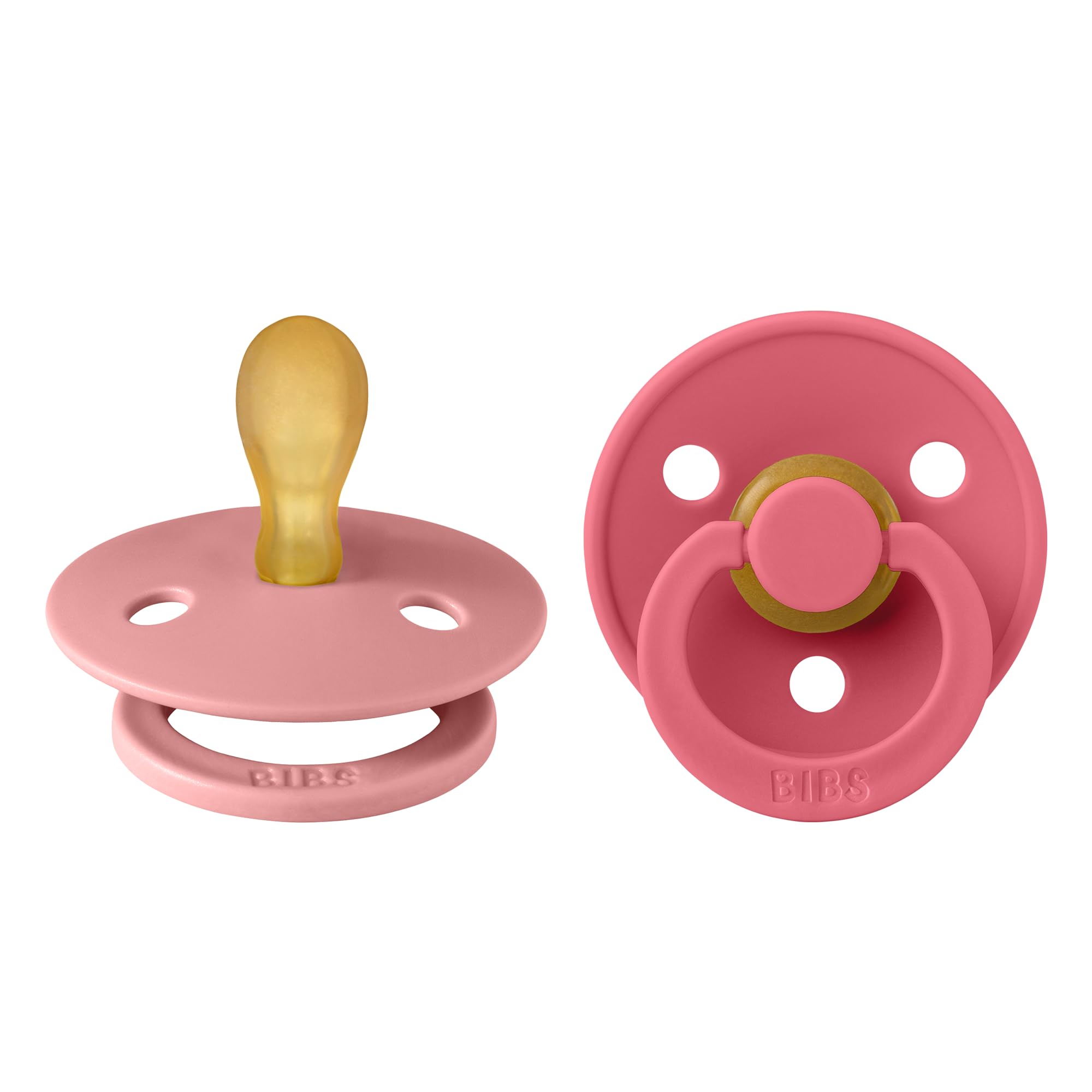 BIBS Pacifiers 0-6 Months | Colour Collection 2-Pack | BPA-Free Symmetrical Natural Rubber Nipple | Made in Denmark | Dusty Pink/Coral Color Pacifier