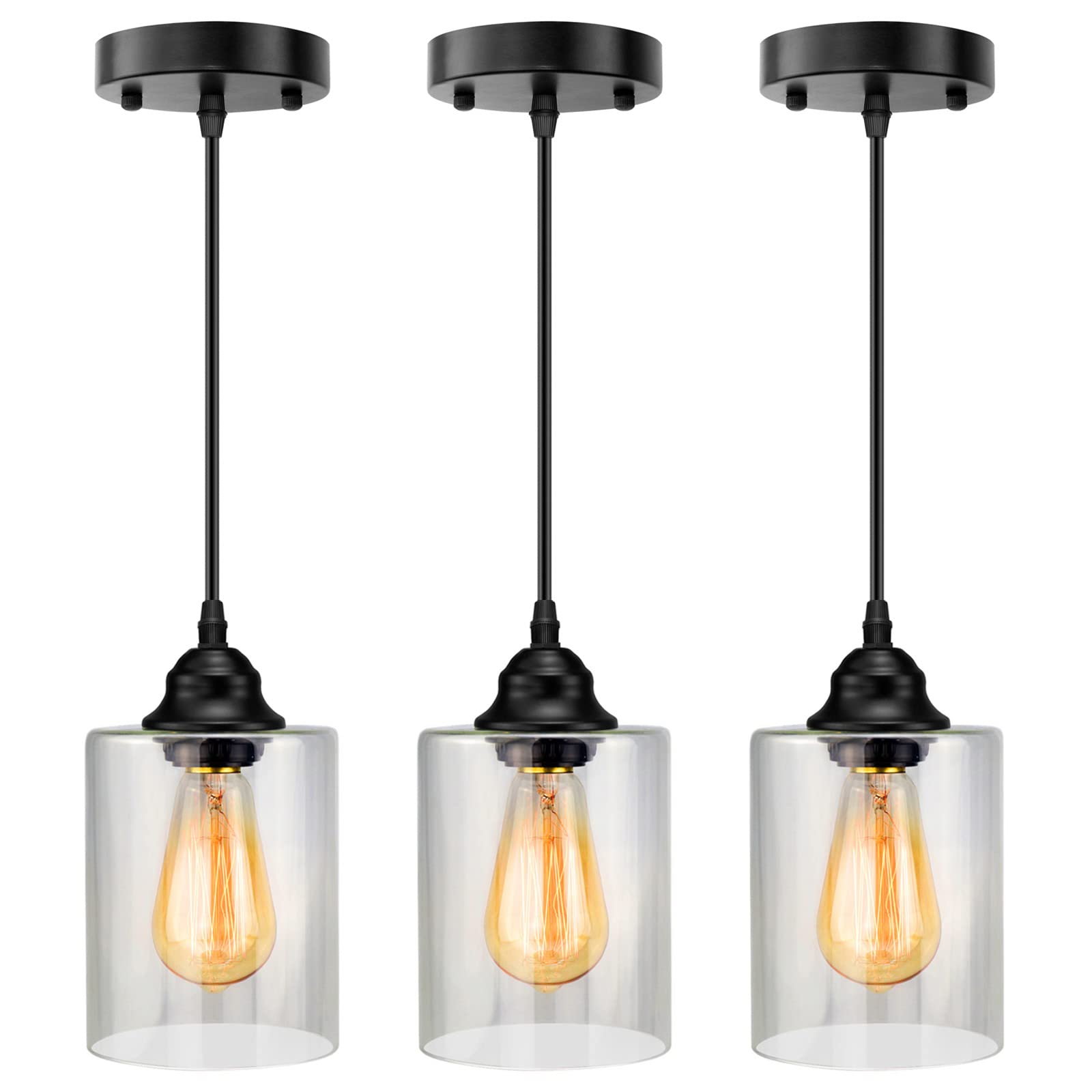 Industrial Pendant Lighting, Adjustable Clear Glass Shade Pendant Hanging Light Fixture, Modern Farmhouse Vintage Mini Hanging Ceiling Lamp, Black Pendant Lighting for Kitchen Island, 3-Pack