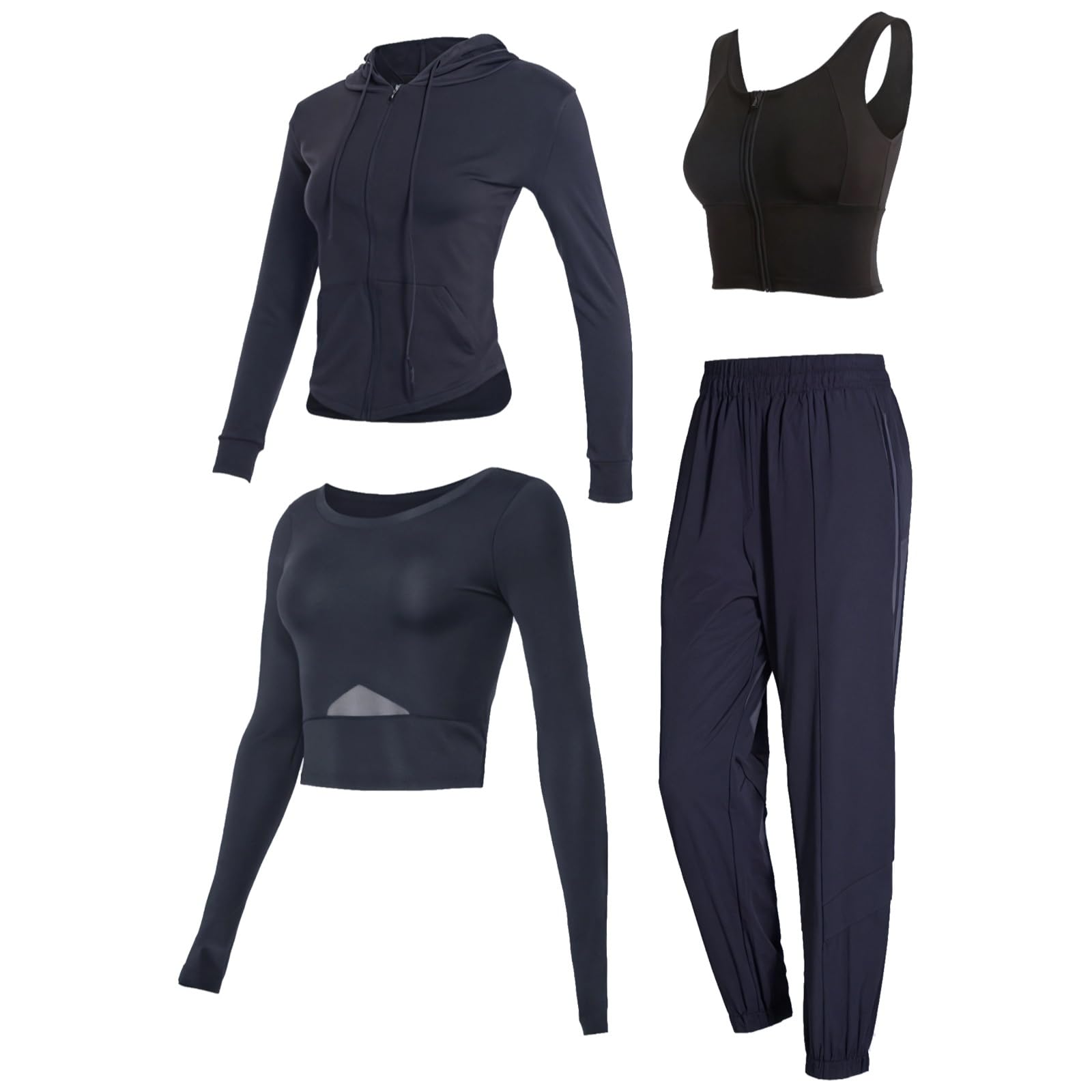 4-Piece WomenS Activewear Set With Long Sleeve Jacket Tank High-Waisted Pants Satin Nylon Spandex Xxl