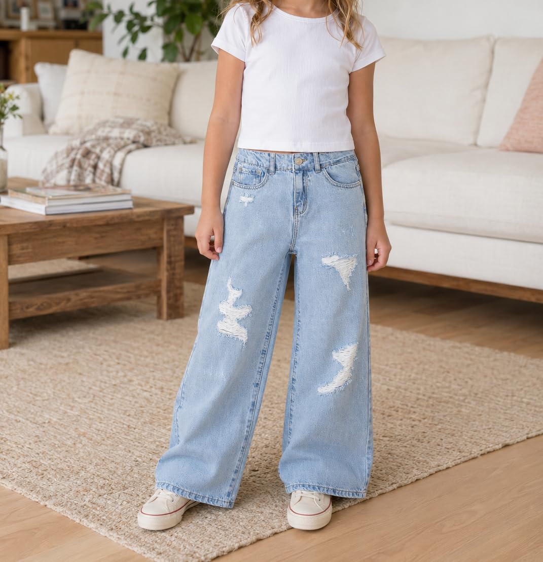 KIDSCOOL SPACE Jeans Svasati per Ragazze, Pantaloni in Denim Morbido Strappati a Gamba Larga da Bambina