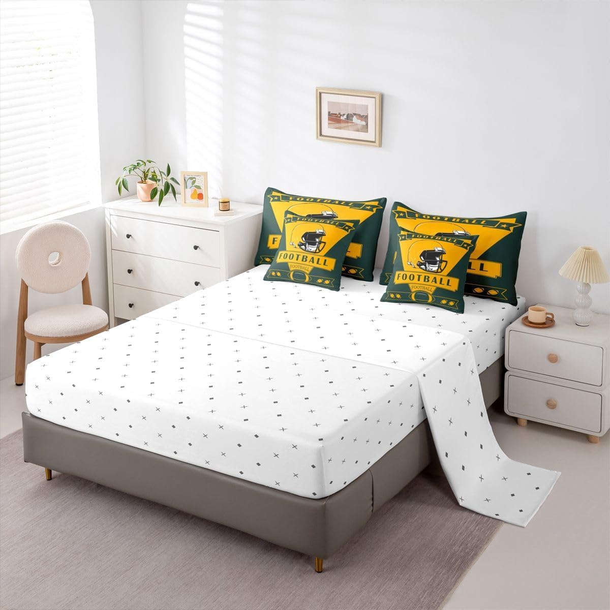 Loussiesd Calcio Piumino Letto Con Lenzuola 7 Pezzi 264X229cm(7-piece Set),green Bay Letto Trapuntato,american Football City Regali Per I Tifosi Di Calcio