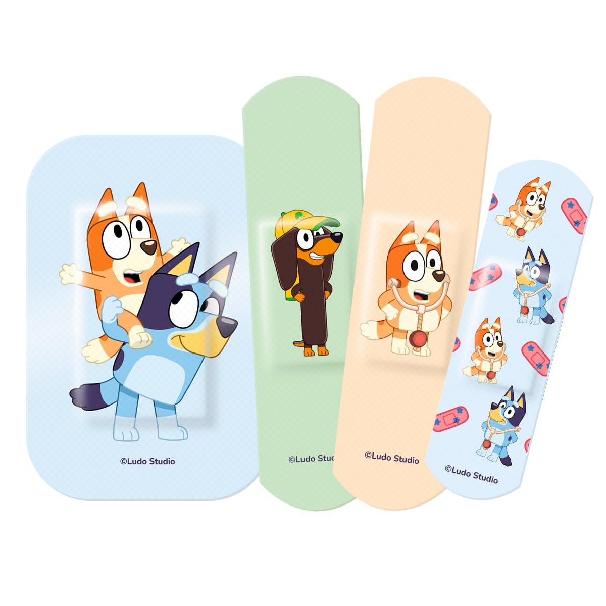 Tiritas Bluey; con los Personajes Emblemáticos de la Serie Bluey; Diseños Surtidos; Bandit, Chilli, Bingo, Bluey; Apósitos Infantiles; 12 Unidades