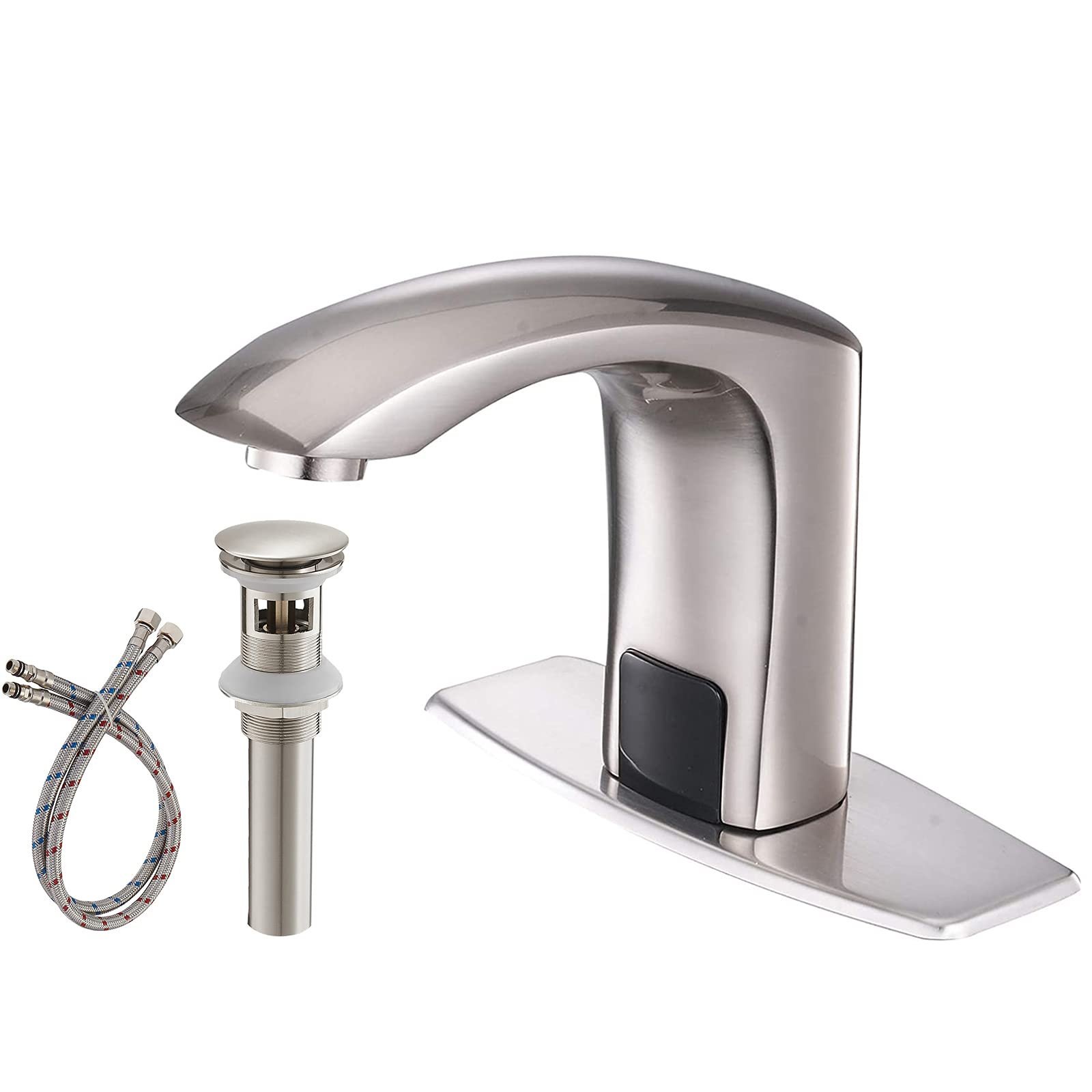 Touchless Bathroom Faucet Brushed Nickel Automatic Sensor Hands-Free Commercial Vanity Sink Faucets 1 Hole Deck Mount Basin Tap with Drain, Cover Plate and Supply Line