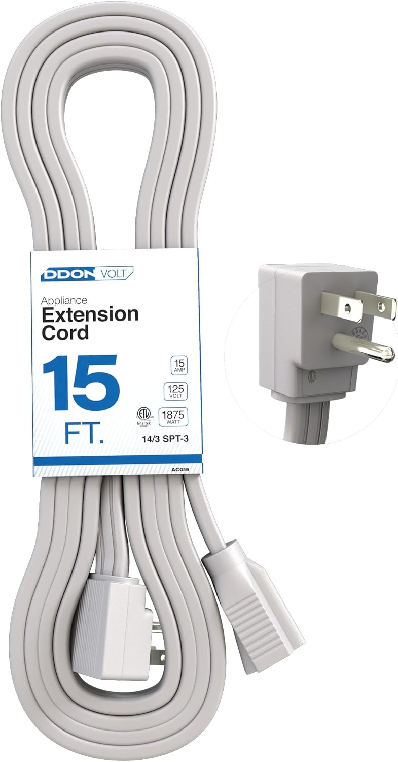 Appliance Extension Cord - 15ft Heavy Duty Gray Extension Wire for Air Conditioner, Refrigerator, & All Major Appliances - 14 Gauge High Voltage 3 Prong Flat-End Appliance Cord, for Indoor use