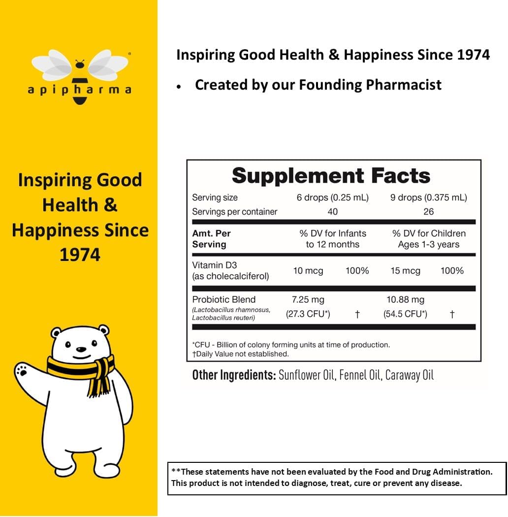 apipharma Infant Probiotic Drops with Vitamin D3 - for Kids, Toddlers & Infants - Digestive Health & Immunity Support, Gas & Discomfort Assistance (0.32oz)