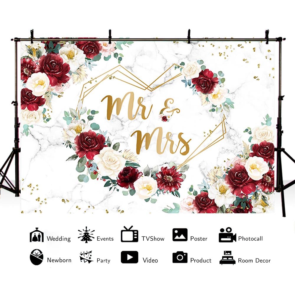 AIBIIN 7x5ft Mr and Mrs Floral Backdrop for Bridal Shower Red and White Flowers Photography Background Hearts Geometric Couple Wedding Party Decorations Bride to Be Engagement Banner Props