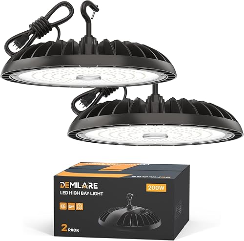 Paquete de 2 luces LED de alta bahía de 200 W, 30000 lm, 5000 K UFO High Bay Luces de tienda con gancho de EE. UU. Enchufe de cable de 5 pies, 800 W