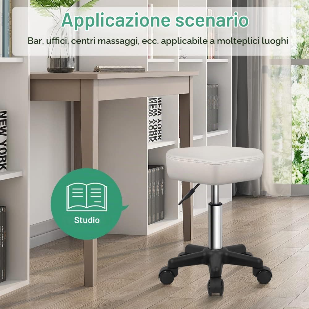 FURWOO Sgabello girevole esagonale altezza regolabile con ruote per Spa Salon Massage Bianco