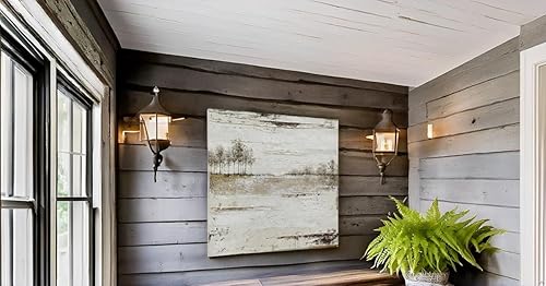 Miniatura 9 de Yihui Arts Arte de pared de árbol rústico de granja, pintura de paisaje pintada a mano con detalles de lámina dorada y lienzo cuadrado texturizado,