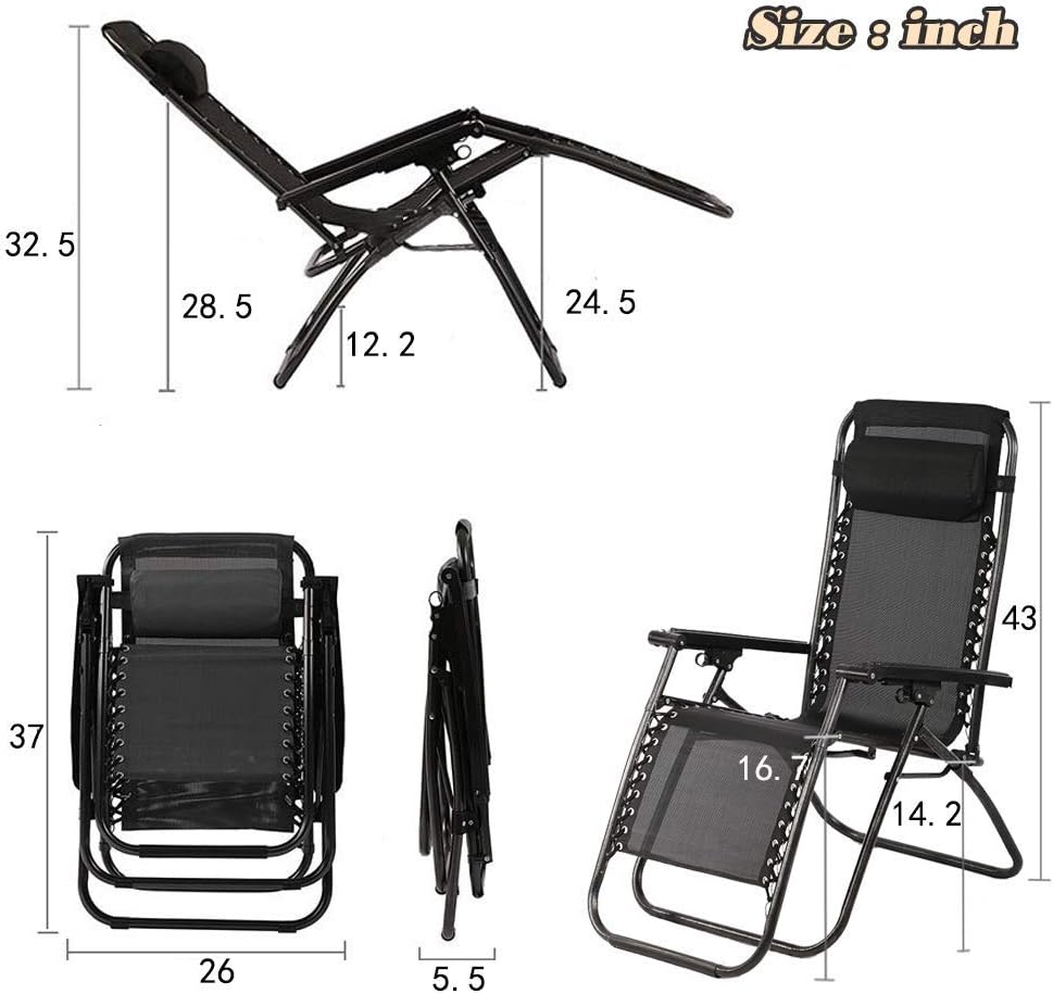 Heavy Duty Zero Gravity Lounge Chair - 350lbs Patio Recliner Pillow & Cup Holder, Adjustable Folding Outdoor Chaise for Pool, Beach, Deck (Black)