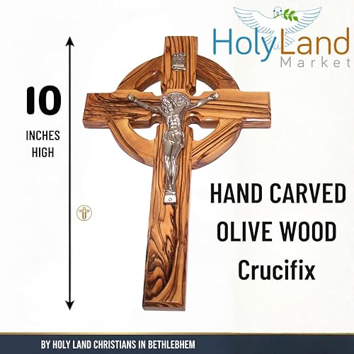 Miniatura 5 de Holy Land Market Crucifijo de madera hecho a mano con medalla celta y san Benito (10 pulgadas)