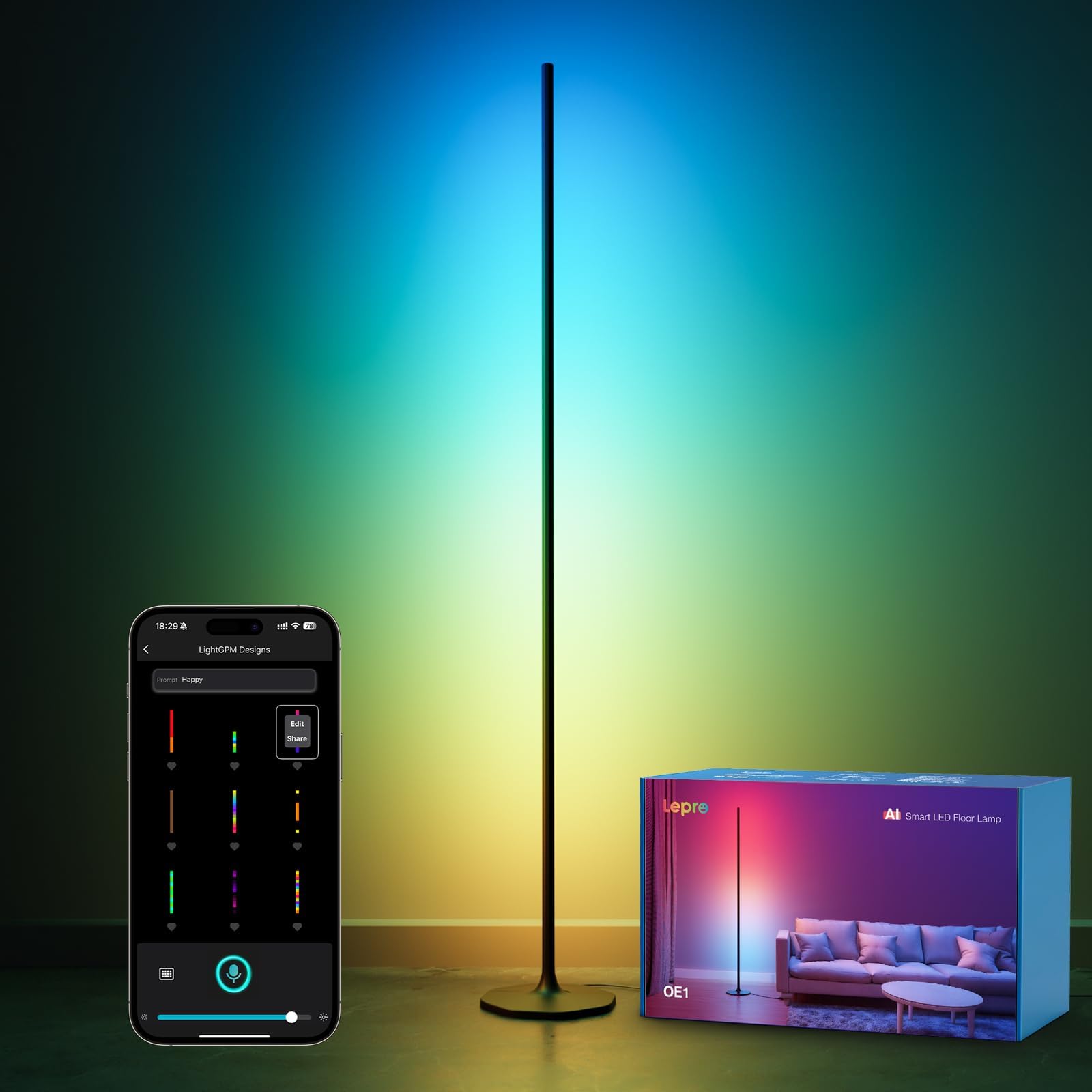 Lepro OE1 AI Floor Lamp, Music Sync Smart Standing Lamp, Corner Floor Light for Living Room, Bedroom, RGB+Warm White, 1000lm, Personalized AI Lighting Designer, Works with Alexa, 2.4G WiFi, No Remote