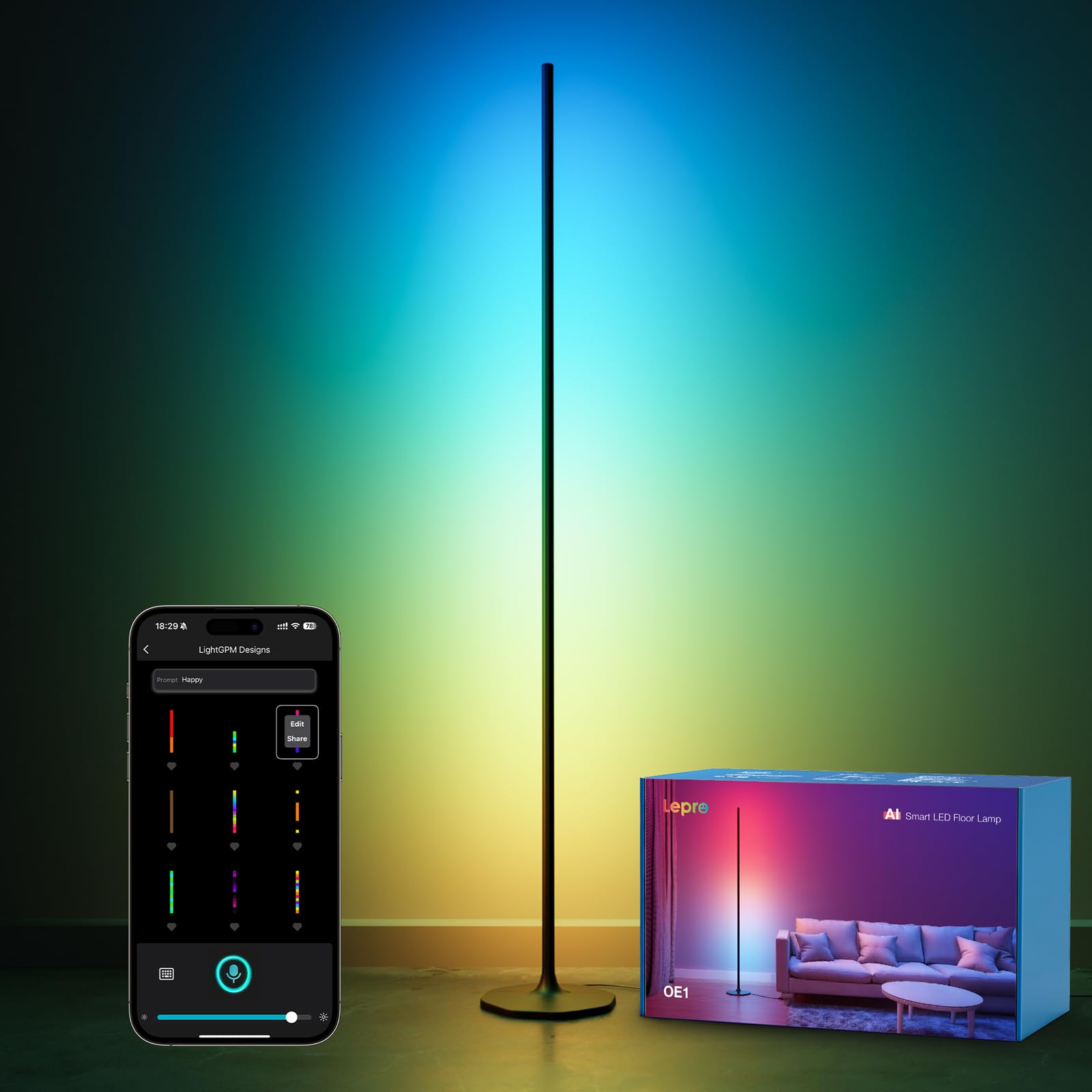 Lepro OE1 AI Floor Lamp, Music Sync Smart Standing Lamp, Corner Floor Light for Living Room, Bedroom, RGB+Warm White, 1000lm, Personalized AI Lighting Designer, Works with Alexa, 2.4G WiFi, No Remote