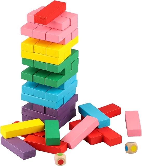 Wondertoys Wooden Stacking Toys Board Games Building Blocks for Kids Balancing Puzzles Toys Learning Educational Sorting Family Games- 48 pieces