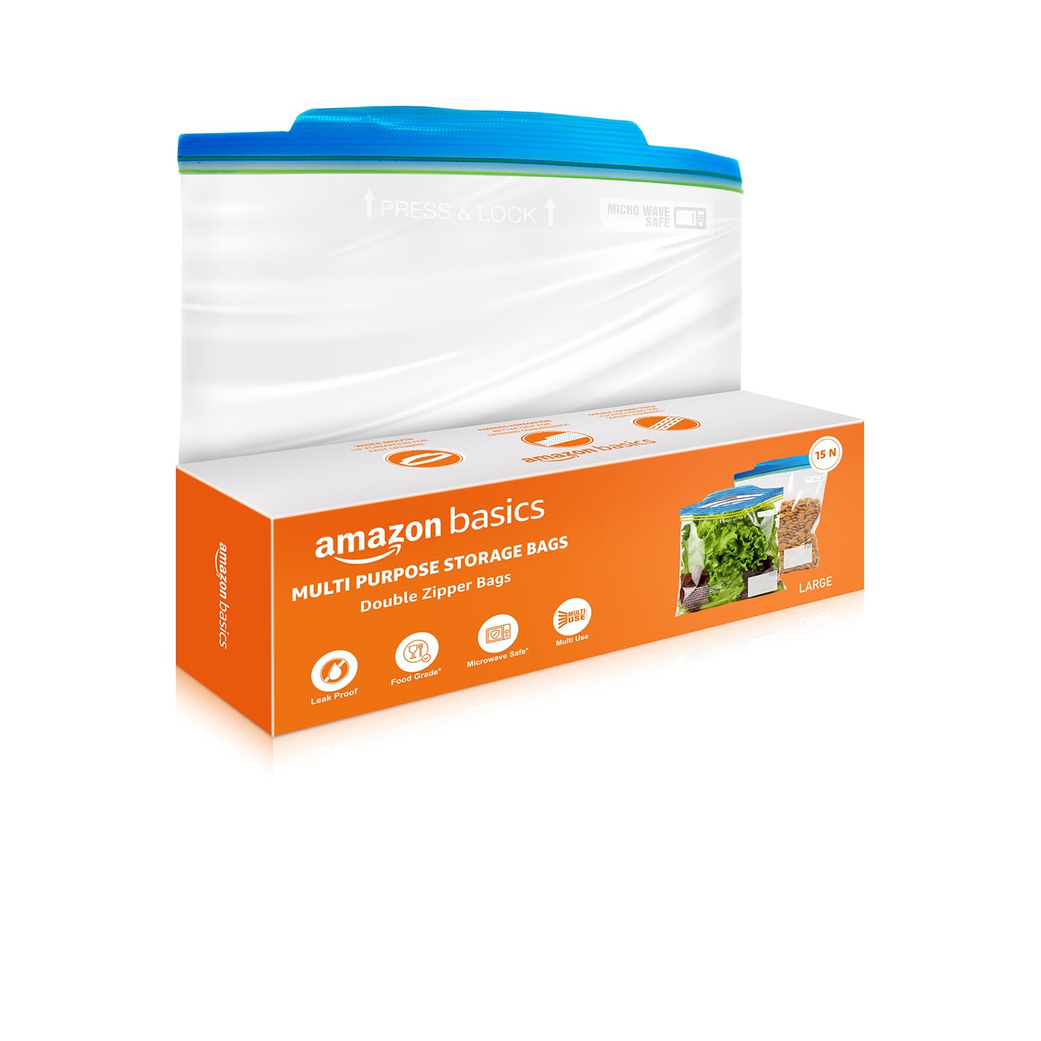 Amazon Basics - Multipurpose Zip Lock Storage Bags | 15 Bags | Large | 31 x 35 cm | Reusable and Reclosable with Double Zipper | Material Plastic | Leak- Proof | Food Grade | Microwave Safe